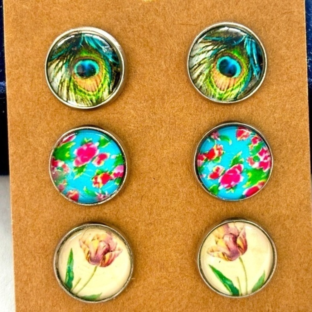 3 Pairs 12mm Floral Print Stainless Steel Stud Earrings, NWT, Handmade, Unworn